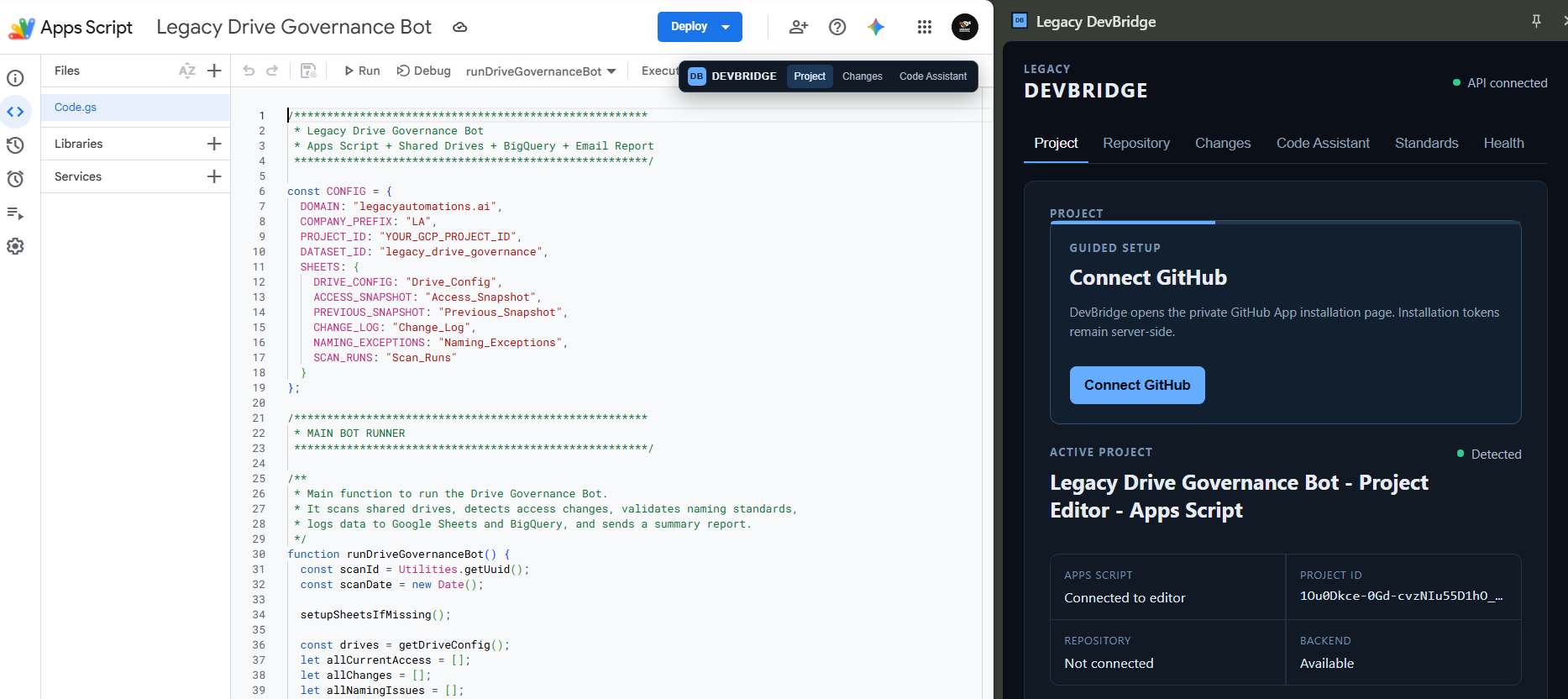 Legacy DevBridge — AI-assisted Apps Script development platform
