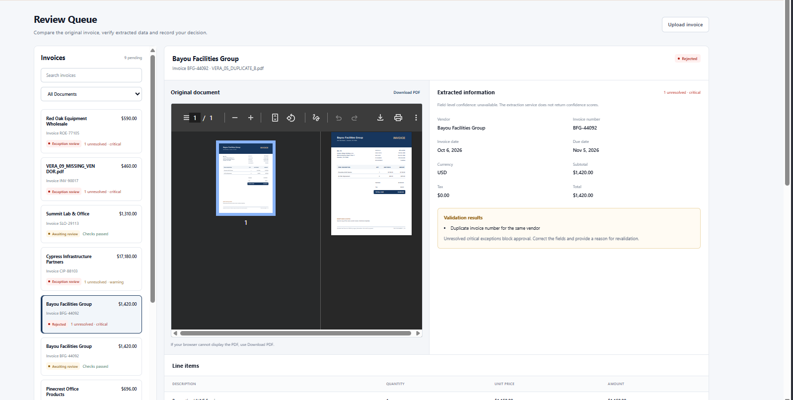 VERA document intelligence platform — review queue screen